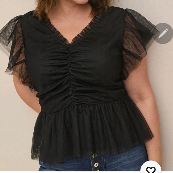 ⚘️⚘️NWOT TORRID 2X Torrid Mesh Ruffle Hem Top Black - Picture 1 of 5